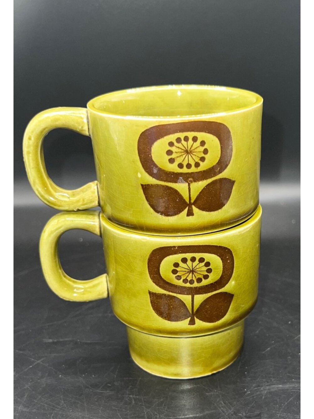 Set Of 2 Vintage Avocado Green Ceramic Stackable Mugs Floral Japan Mid Century